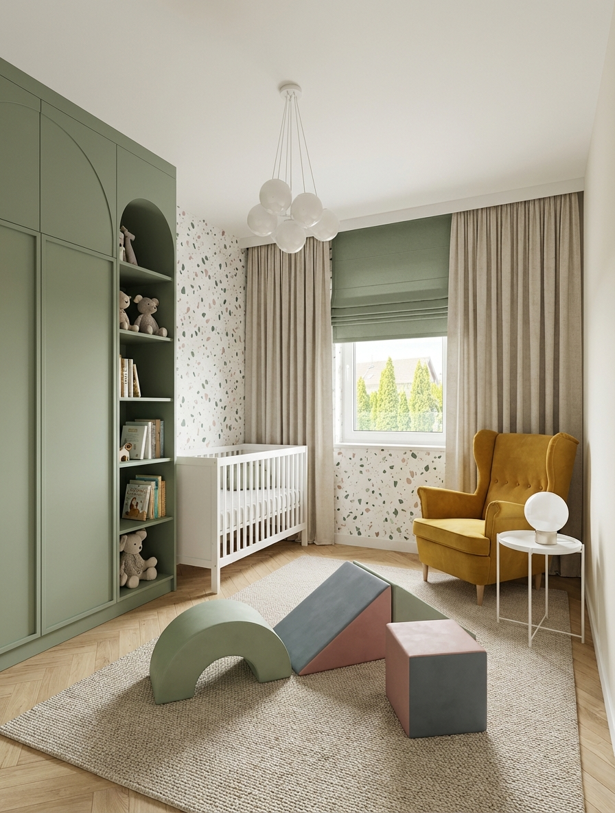 A children's room with a green wardrobe, a white crib, and a yellow armchair. Geometric foam flooring. Light curtains and muted colors.