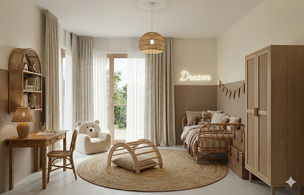 A children's room with bright rattan furniture, a rug, and a teddy bear. A neon "Dream" sign hangs on the wall. A cozy atmosphere.