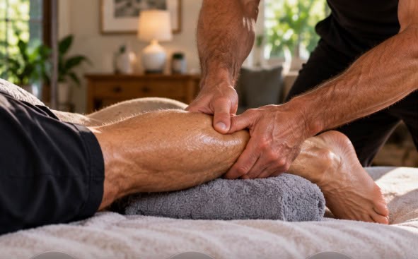 Therapist applying targeted neuromuscular treatment to a client's lower leg