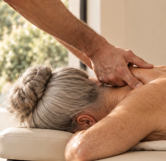Therapist applying neuromuscular therapy to an older woman's neck and upper back