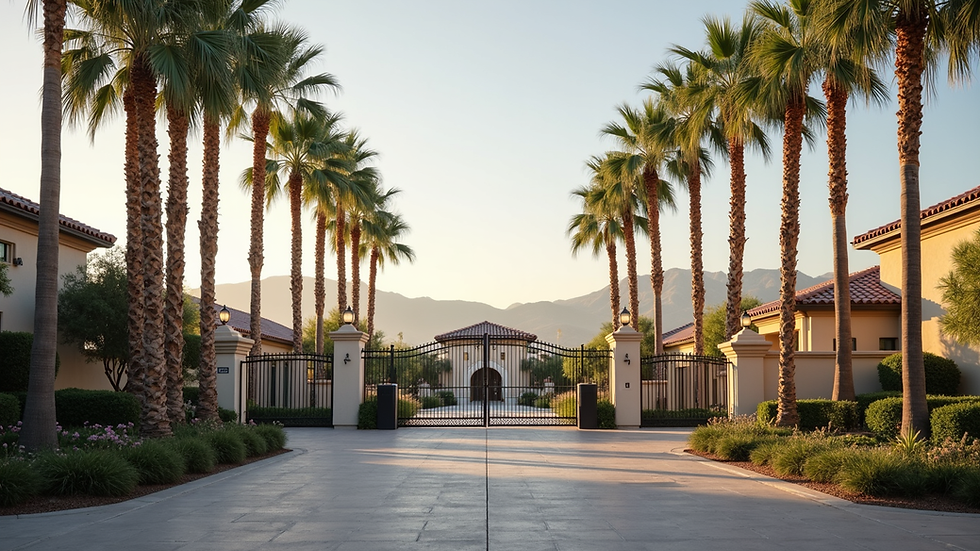 Eye-level view of a gated community entrance with palm trees in Rancho Mirage