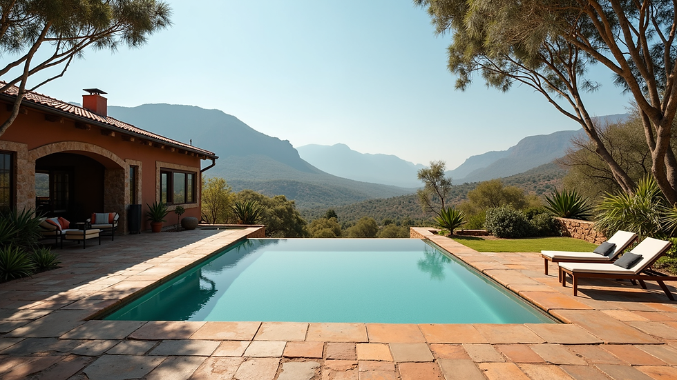 Wide angle view of a backyard with a private pool and mountain views in Victoria Falls