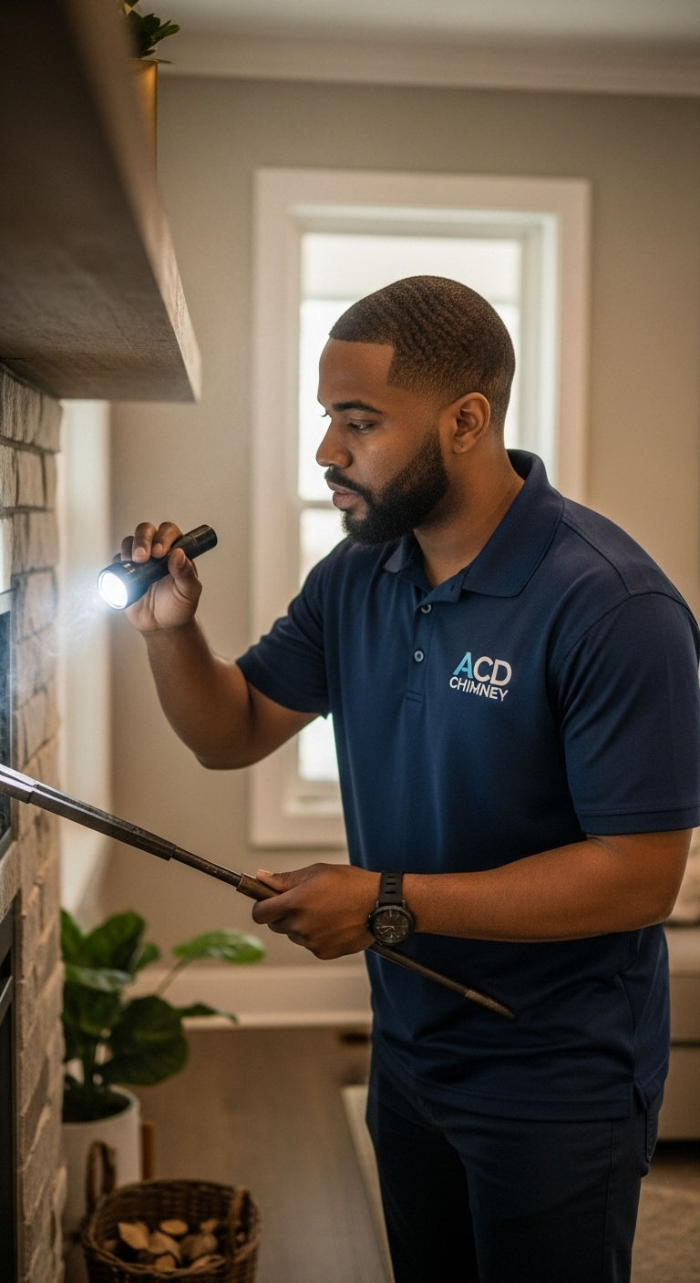 Professional Chimney Technician Inspecting Fireplace Interior | ACD Chimney Services