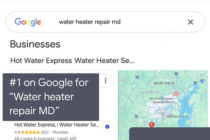 Hot Water Express ranked #1 on Google for water heater repair MD – Website Builder SEO client success story