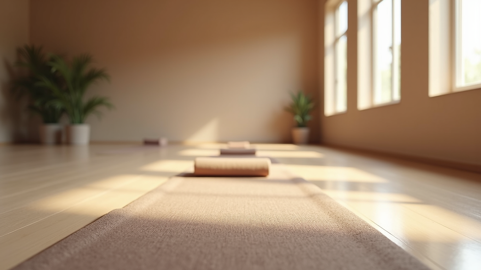 Eye-level view of a calm yoga studio with mats and soft lighting