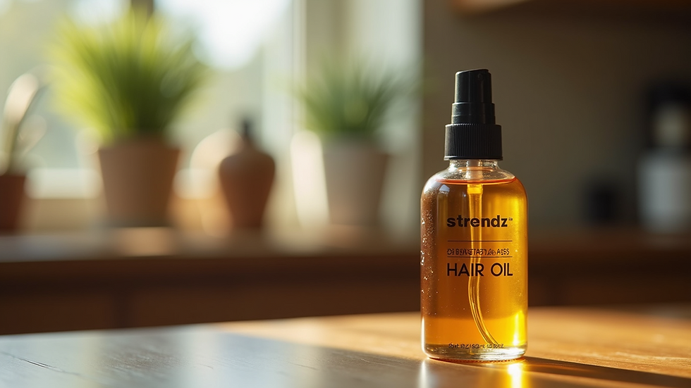 Close-up view of a bottle of Strendz hair oil on a wooden table