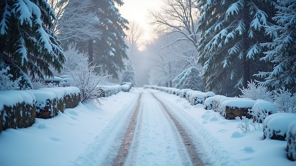 High angle view of a snow-covered driveway with cleared paths