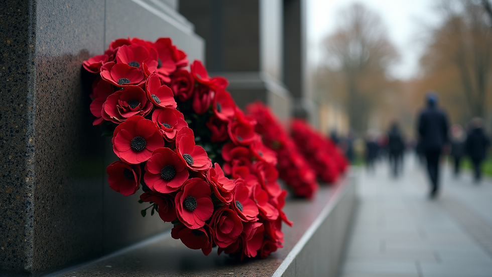 Eye-level view of a wreath laid at a war memorial