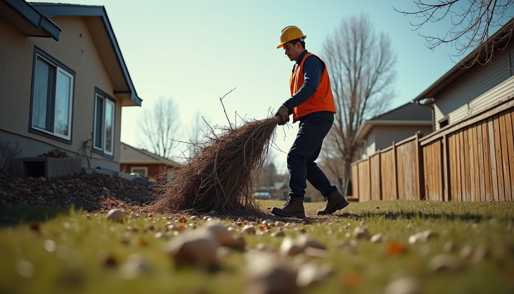 Eye-level view of a general laborer removing debris from a residential yard in Calgary