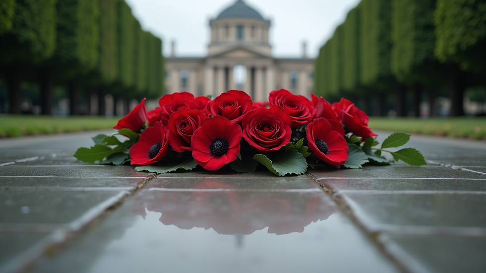 Eye-level view of a wreath laid at a war memorial