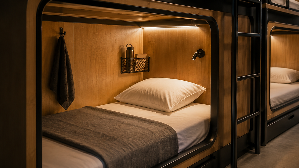 intérieur d’un lit capsule dans un refuge avec matelas, éclairage doux et espace personnel compact.