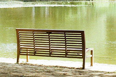 a park bench sitting next to a lake surr