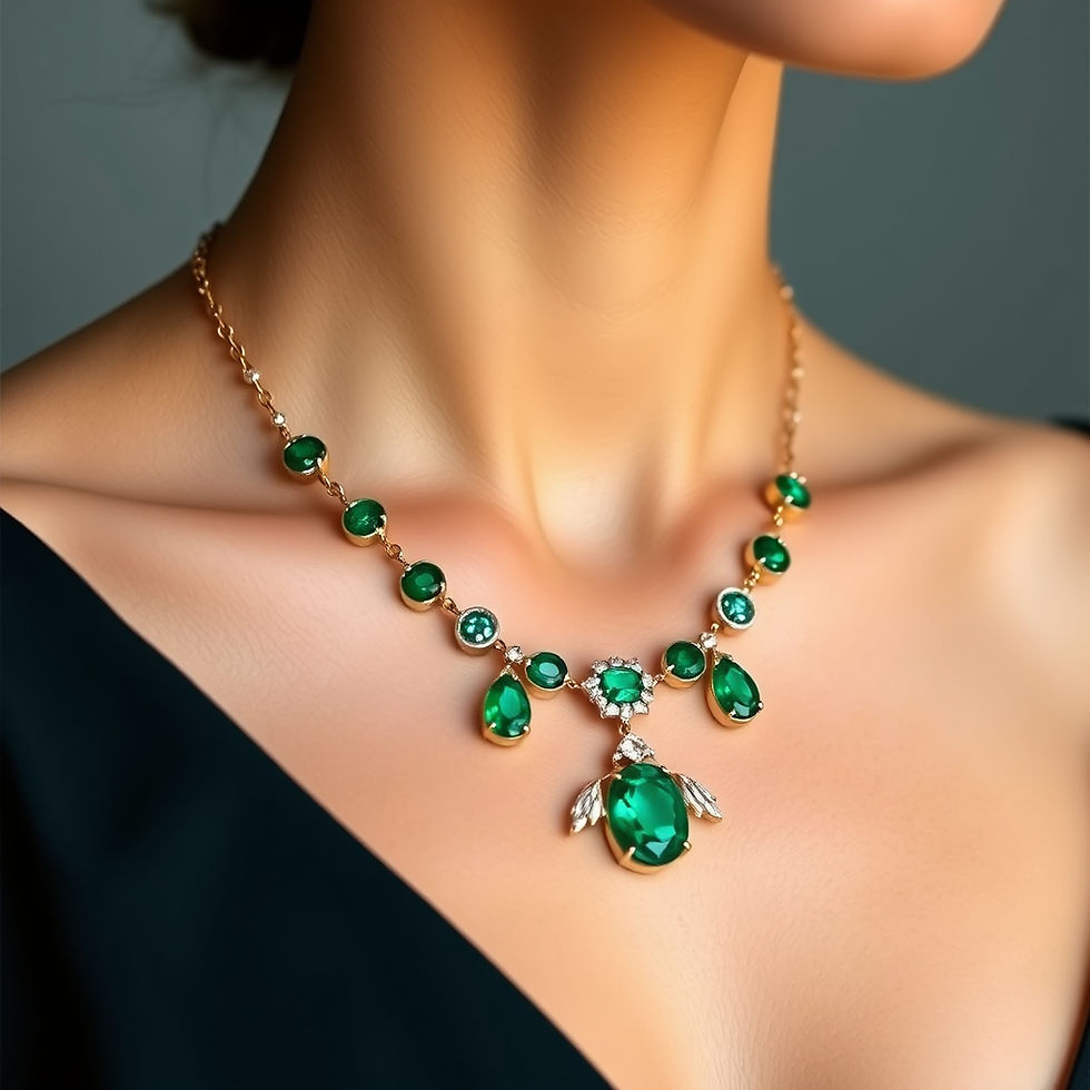 create a women wearing emerald necklace and focus on it necklace, use natural zambian emer