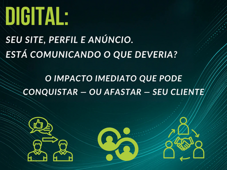Imagem com fundo escuro e linhas digitais, título em destaque “Primeira Impressão Digital”. Texto provocativo questiona se site, perfil e anúncios estão comunicando bem. Botão de CTA em verde claro diz “Veja o artigo completo”.