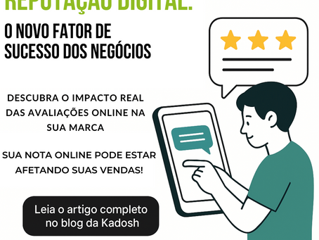 Imagem ilustrativa sobre reputação digital com destaque para avaliações online. Homem usando tablet com avaliação de 3 estrelas, acompanhado do texto: “Reputação Digital: O novo fator de sucesso dos negócios. Descubra o impacto real das avaliações online na sua marca. Sua nota online pode estar afetando suas vendas!”.