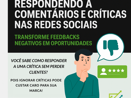 Post do Instagram da Kadosh Marketing Digital com o título "Respondendo a Comentários e Críticas nas Redes Sociais", subtítulo "Transforme Feedbacks Negativos em Oportunidades", ilustração de homem pensativo, ícones de crítica negativa e avaliação, e CTA "Leia o artigo completo no blog".