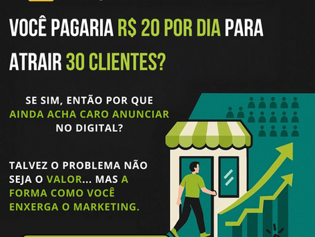 Empreendedor refletindo sobre o valor de anunciar no digital com R$ 20 por dia, representado por gráfico de crescimento e chamada para leitura do blog da Kadosh Marketing Digital.