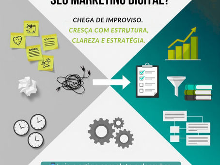 Imagem ilustrando a transição do marketing amador para o profissional, com elementos visuais como papéis amassados, fios embolados, gráficos, checklists e estrutura organizacional, representando o crescimento com clareza e estratégia no marketing digital.