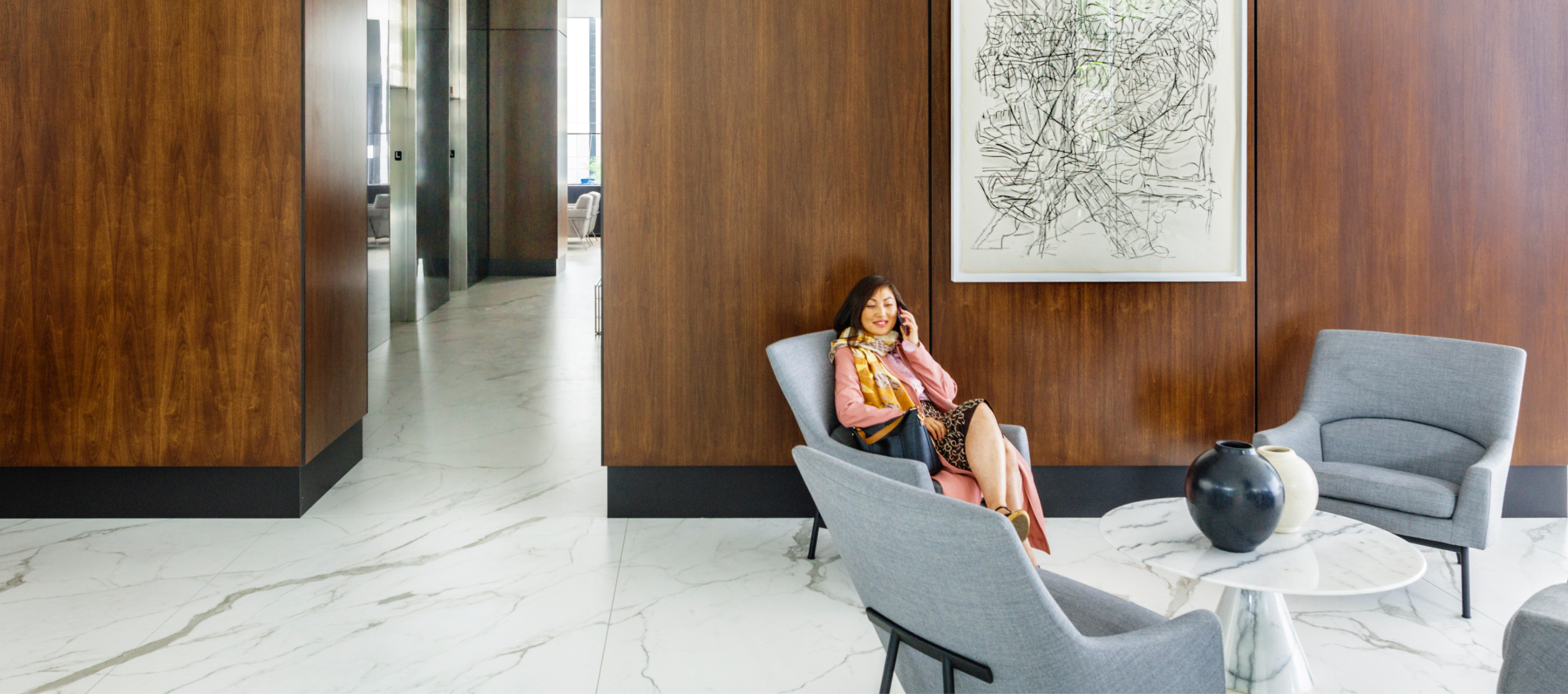 Apartment lobby with concierge and seating area Montreal