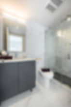 Modern marble bathroom at Le Cartier's luxury rental apartments in downtown Montreal