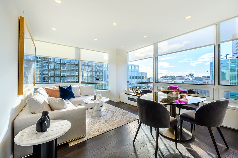 Spacious and luminous living room at Le Cartier's luxury rental apartments in downtown Montreal
