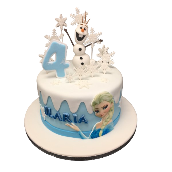 Bespoke Frozen-themed cake with icy blue and white fondant, snowflake decorations, in Solihull, West Midlands.