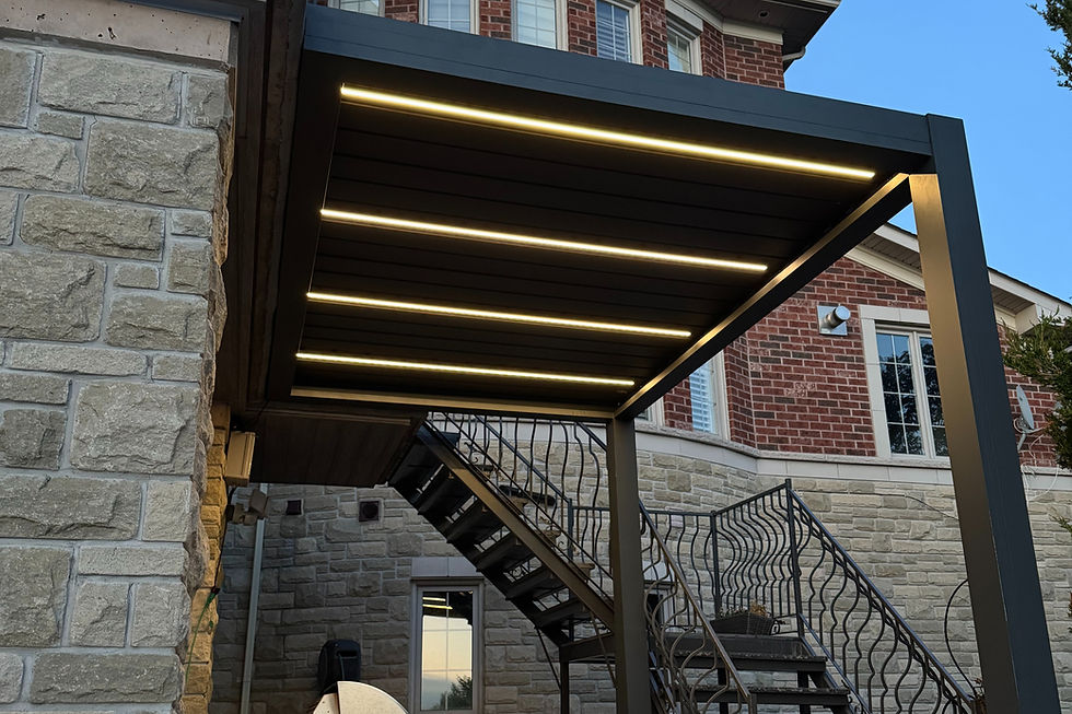 Modern aluminum pergolas Toronto with integrated LED lighting.