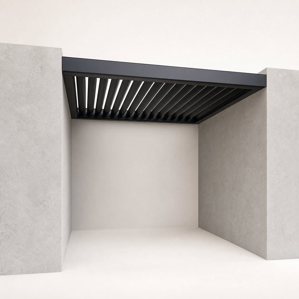Modern aluminum pergolas Toronto installed between walls.