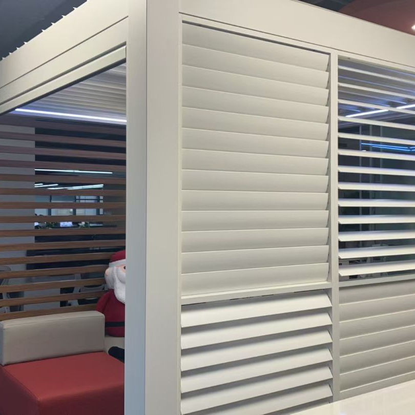 Modern white aluminum pergolas Toronto with louvered walls.
