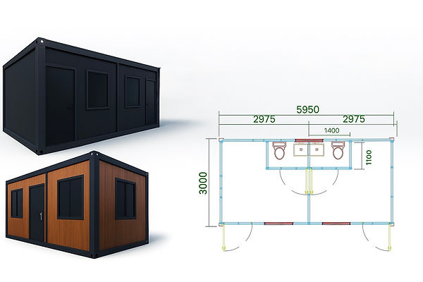 Diagram showing container house partitioned into two 10x10ft rooms with toilet layout options
