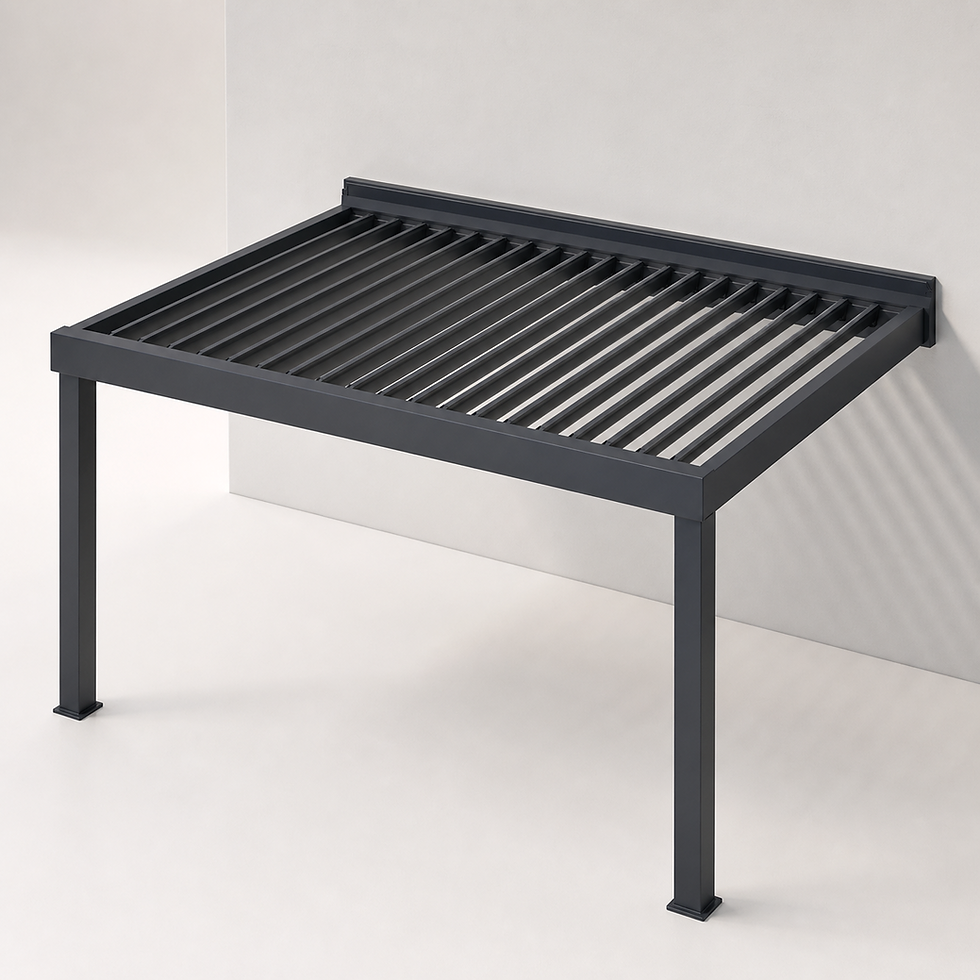Wall-mounted black aluminum pergola in Toronto showroom