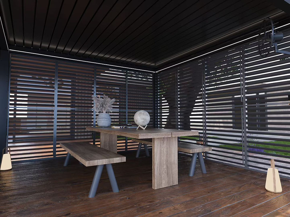 Modern aluminum pergola Toronto covering a patio dining area