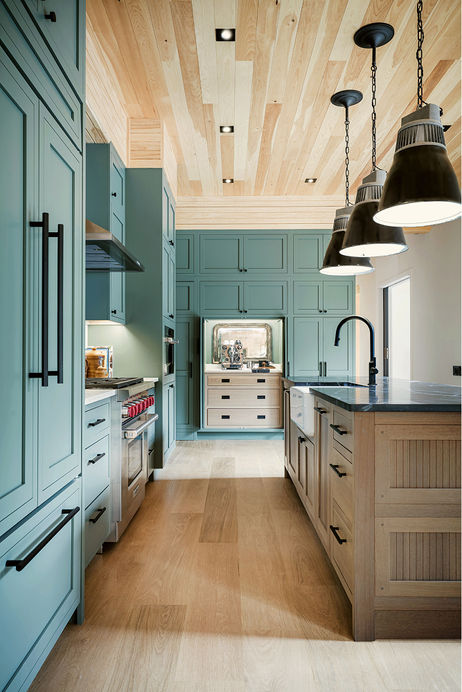 Modern industrial kitchen renovation with built-in cabinetry and coffee station