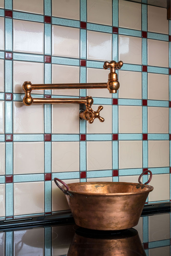 Modern cottage chic kitchen renovation with custom plaid tile backsplash