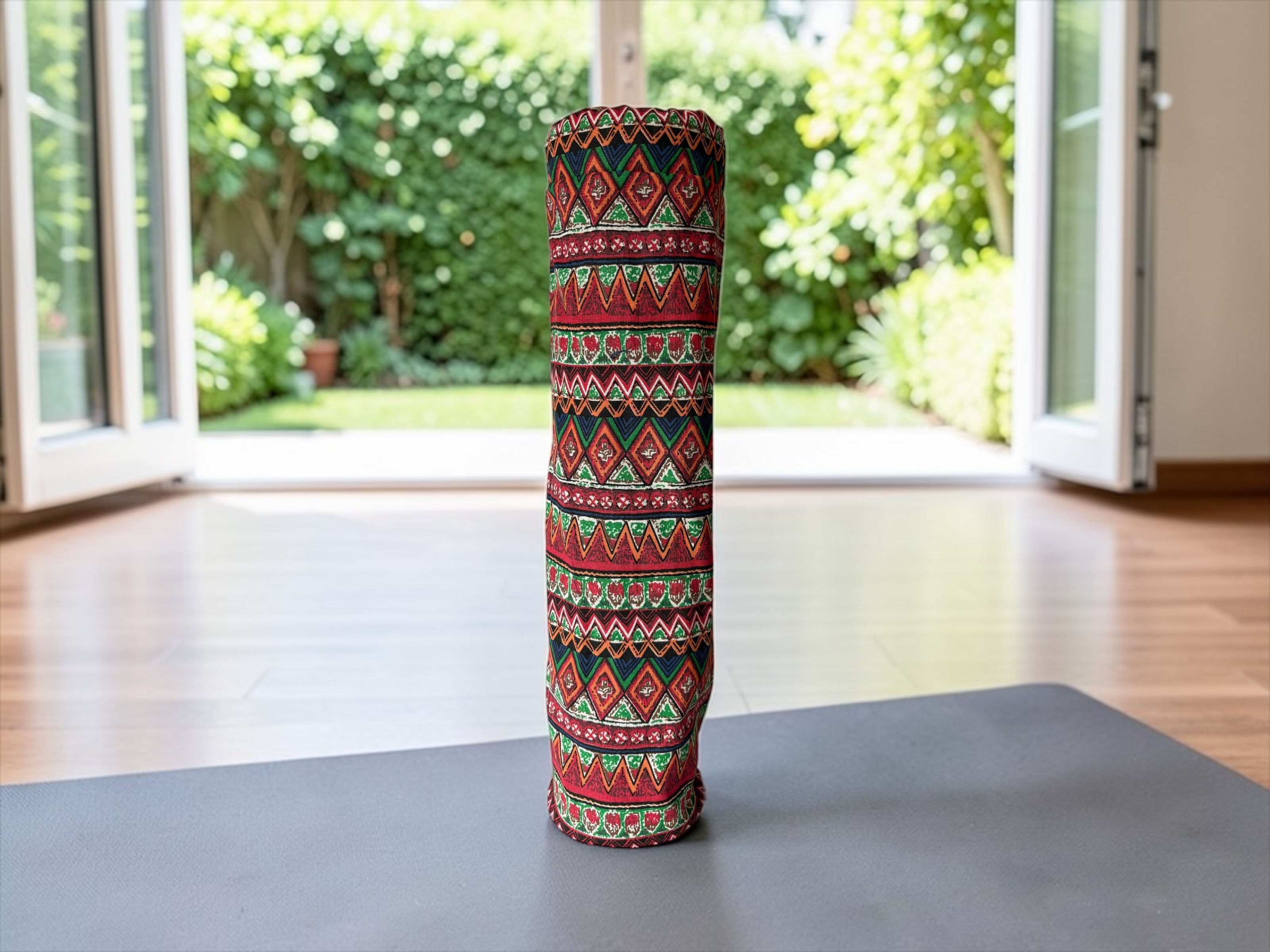 red aztec crossbody yoga mat bag with adjustable strap