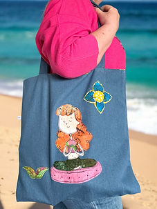 Yoga Tote Bag in Denim with applique of meditation Girl