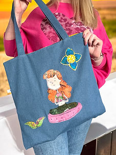 Yoga Tote Bag in Denim with applique of meditation Girl