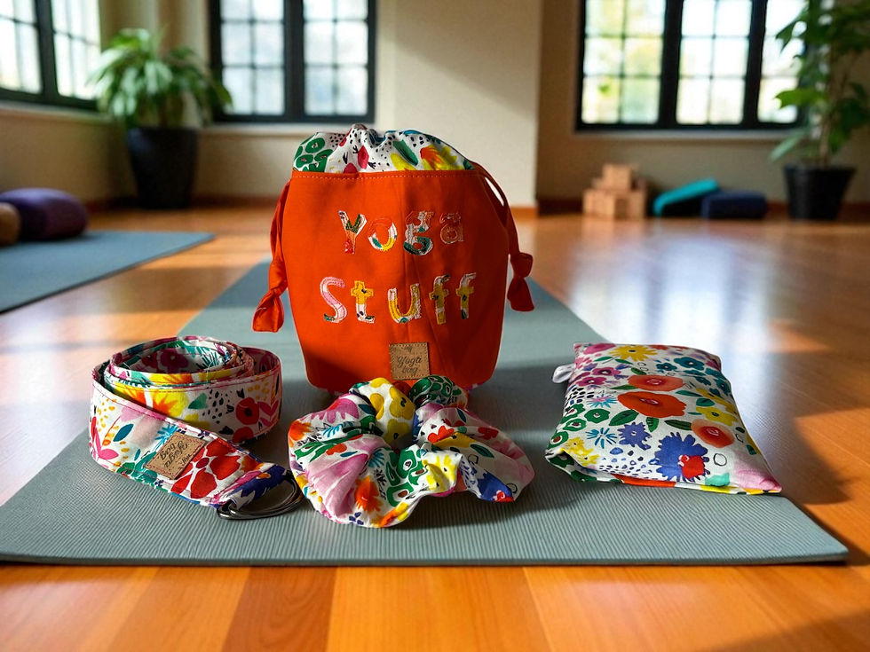 Drawstring orange "Yoga Stuff" Bag, containing lavender eye pillow, 2m long stretching strap and hair scrunchie