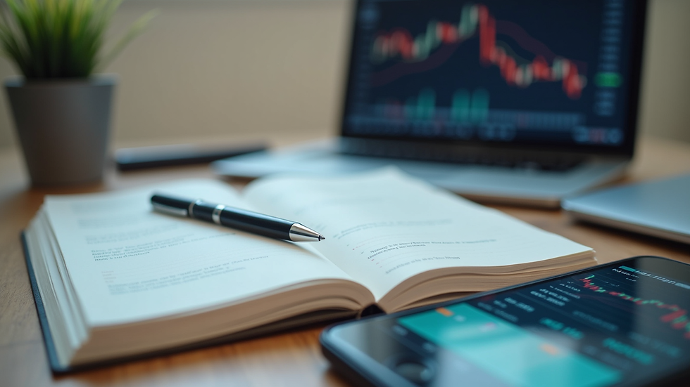Eye-level view of a desk with a notebook, pen, and a smartphone displaying stock data