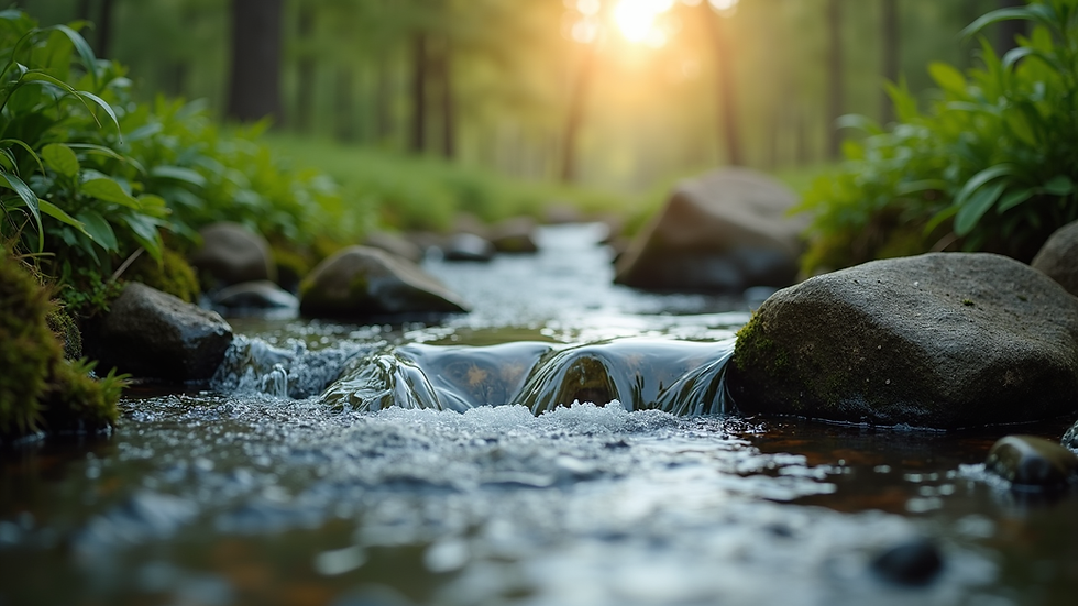 Close-up view of a serene nature scene with a flowing stream