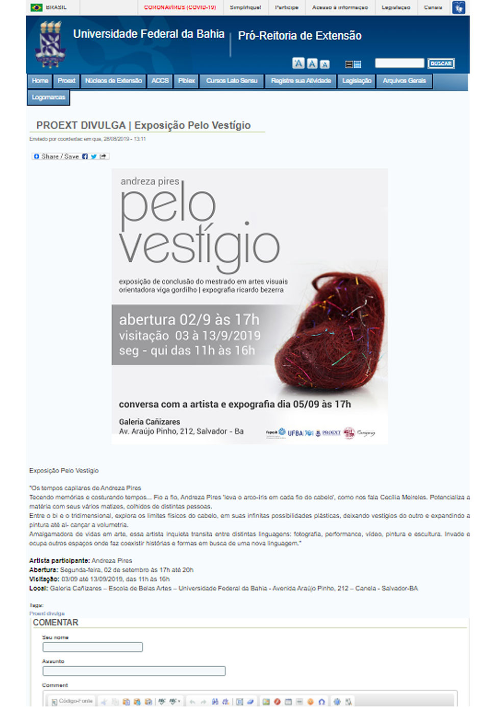Divulgação da exposição "Pelo vestígio"