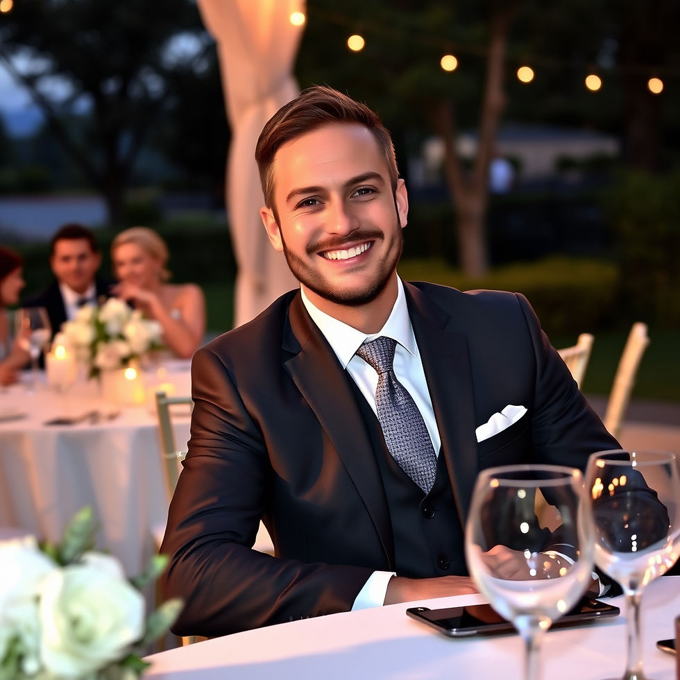 A well-dressed man in a wedding suit sitting at a table during an outdoor reception, smili