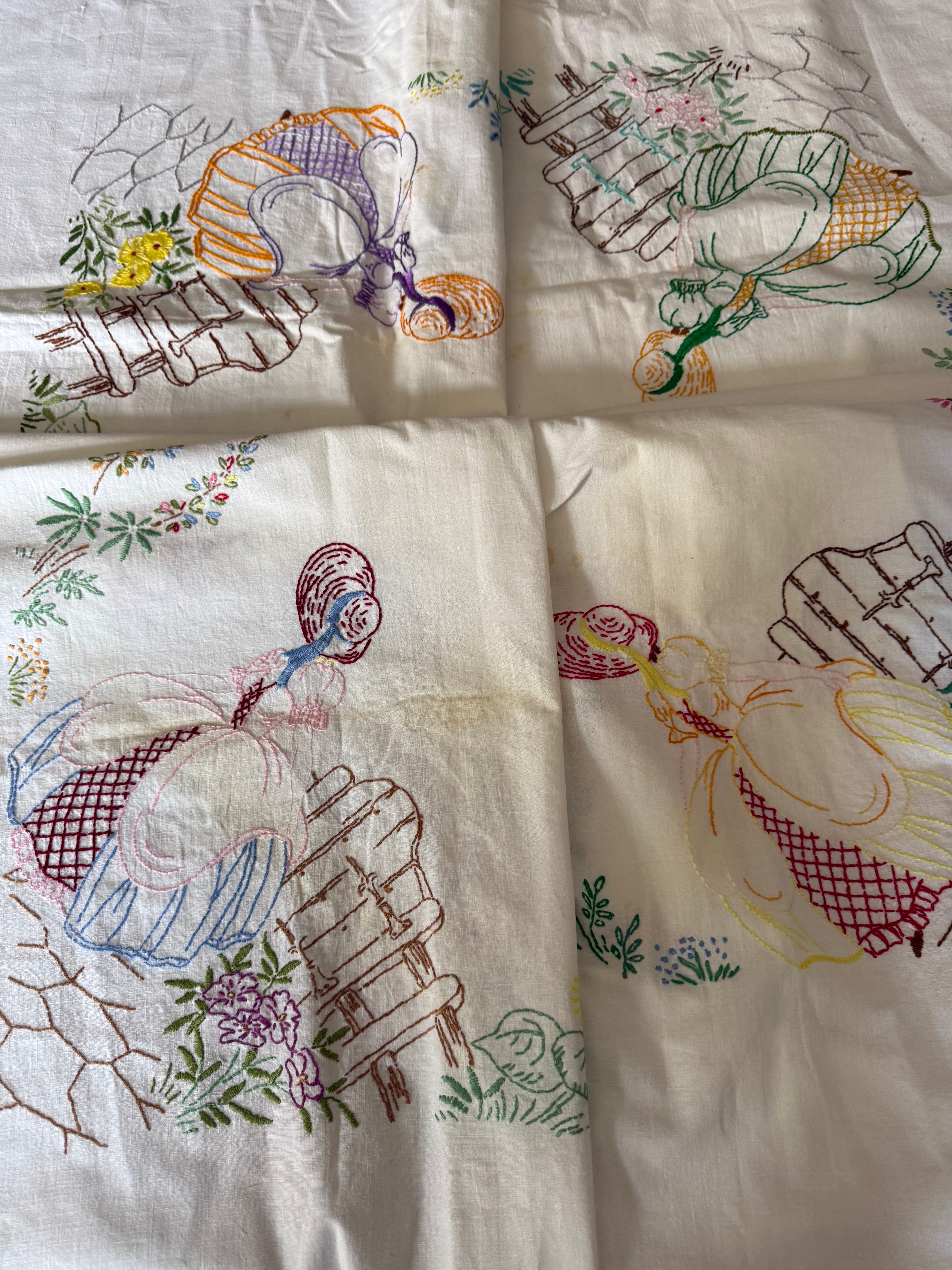 Crinoline Lady. Vintage Hand Embroidered Tablecloth