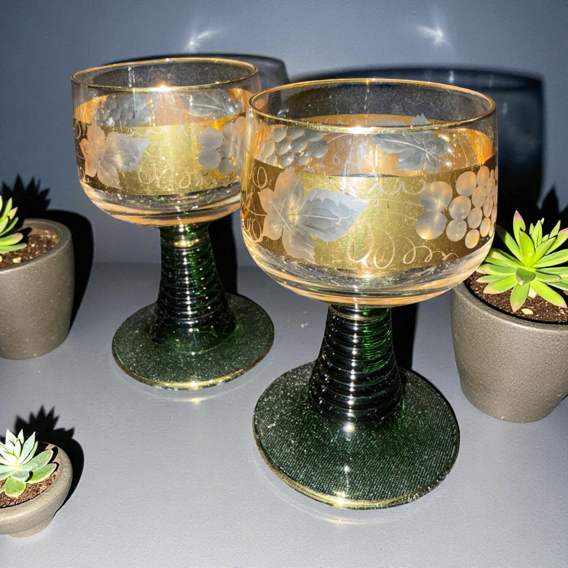 X 2 Small German Roemer Green Beehive Stem Glasses. 