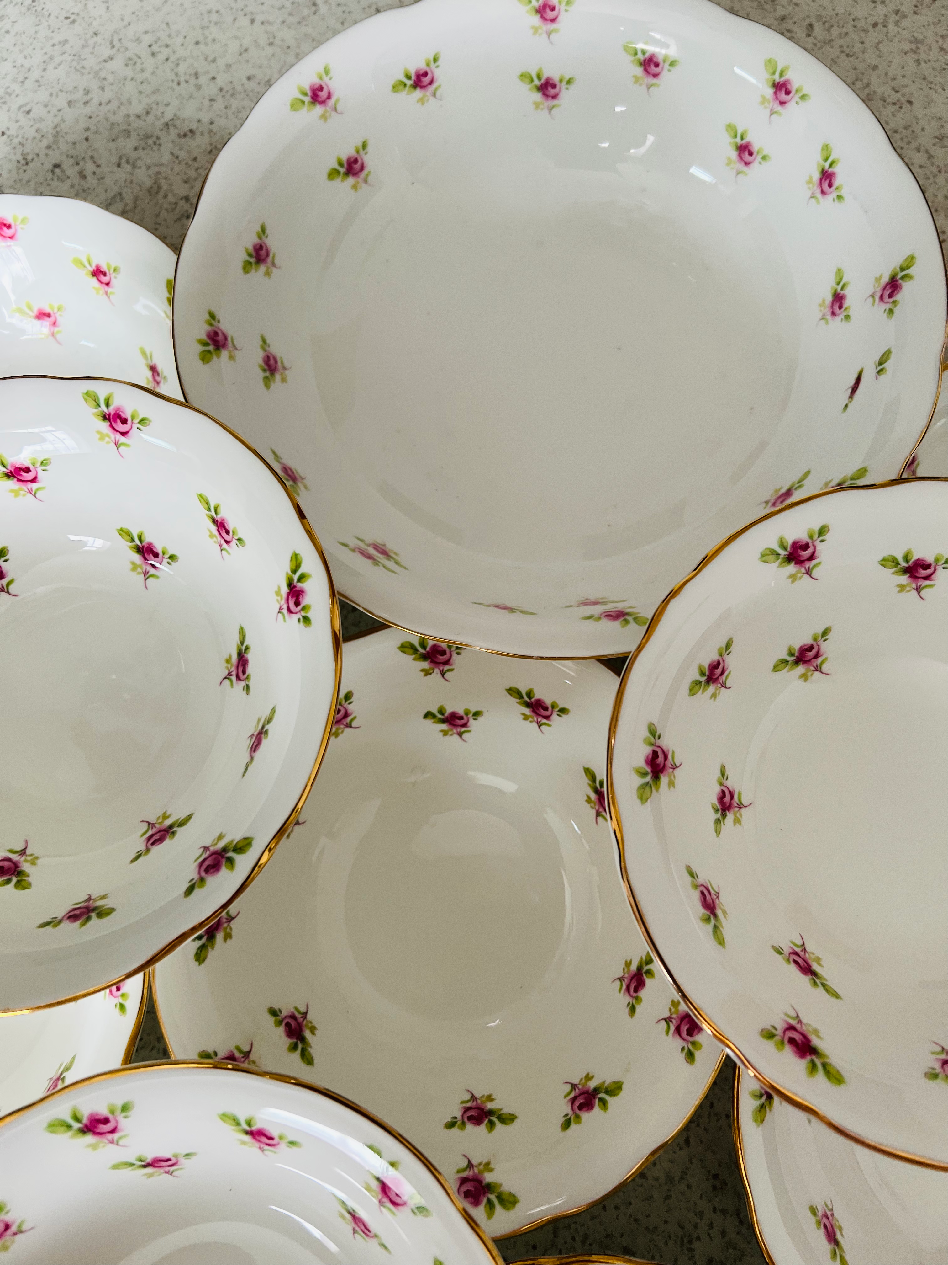11 Piece Duchess China Dessert Set. Pink Rosebud
