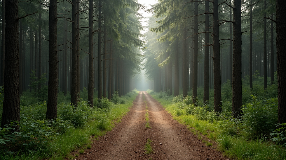 Wide angle view of a peaceful forest trail surrounded by tall trees
