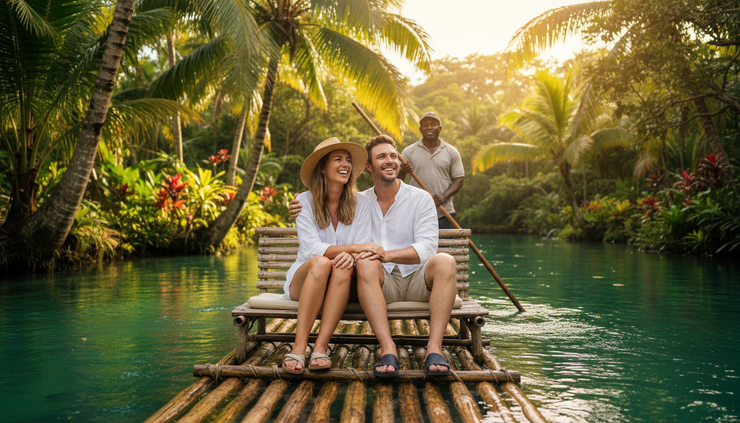 Eye-level view of a couple sitting together on a bamboo raft on the White River