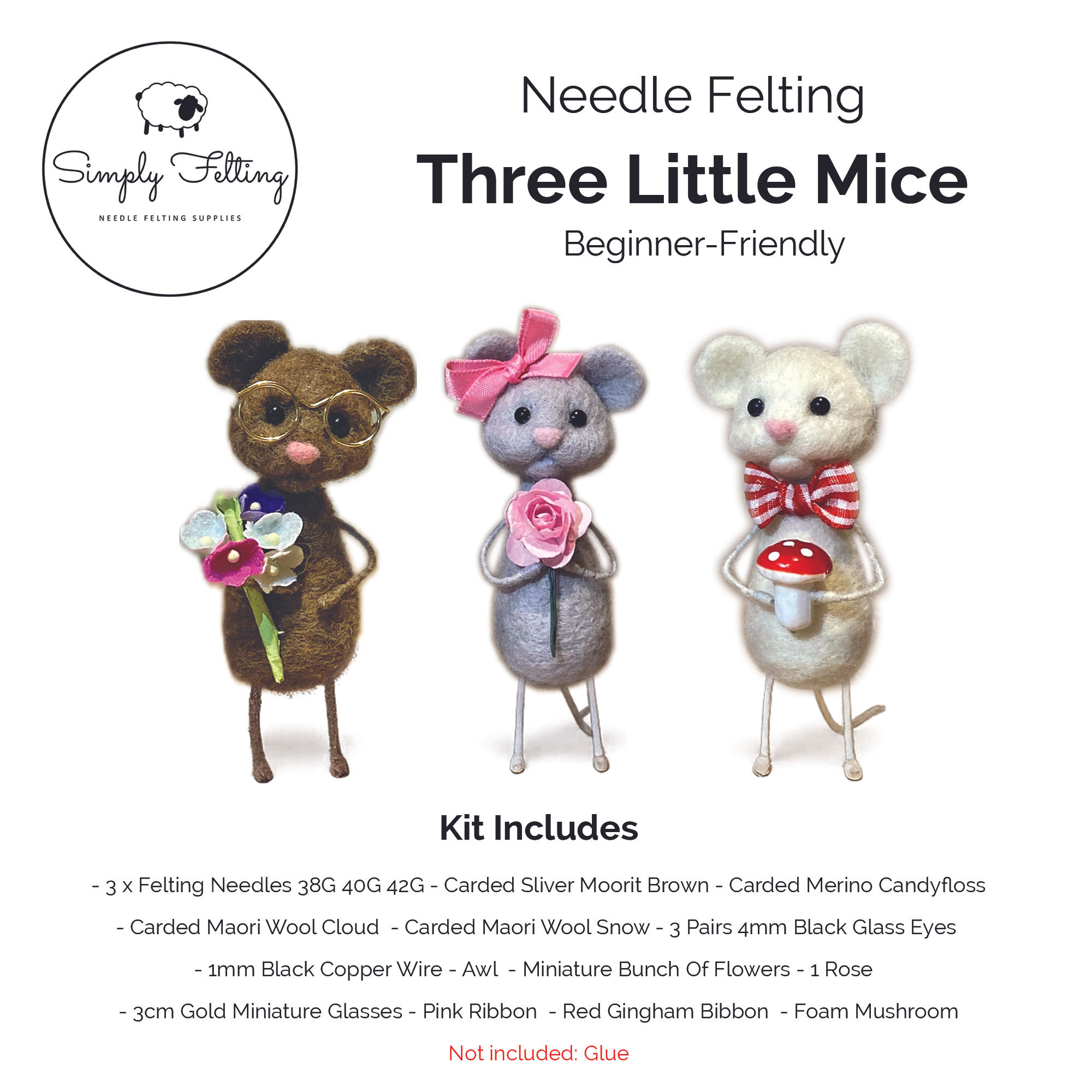 Needle Felting Kit Three Little Mice with Accessories