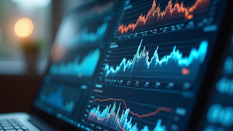 High angle view of a digital screen showing different types of analytics charts