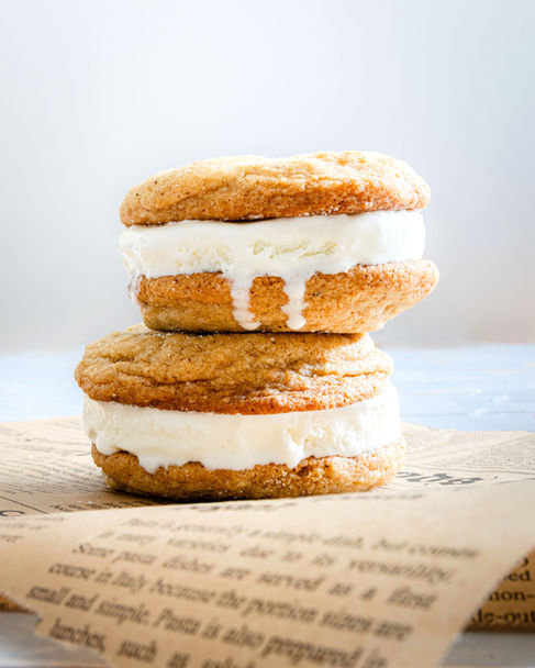 Stack of ice cream sandwiches with vanilla filling.